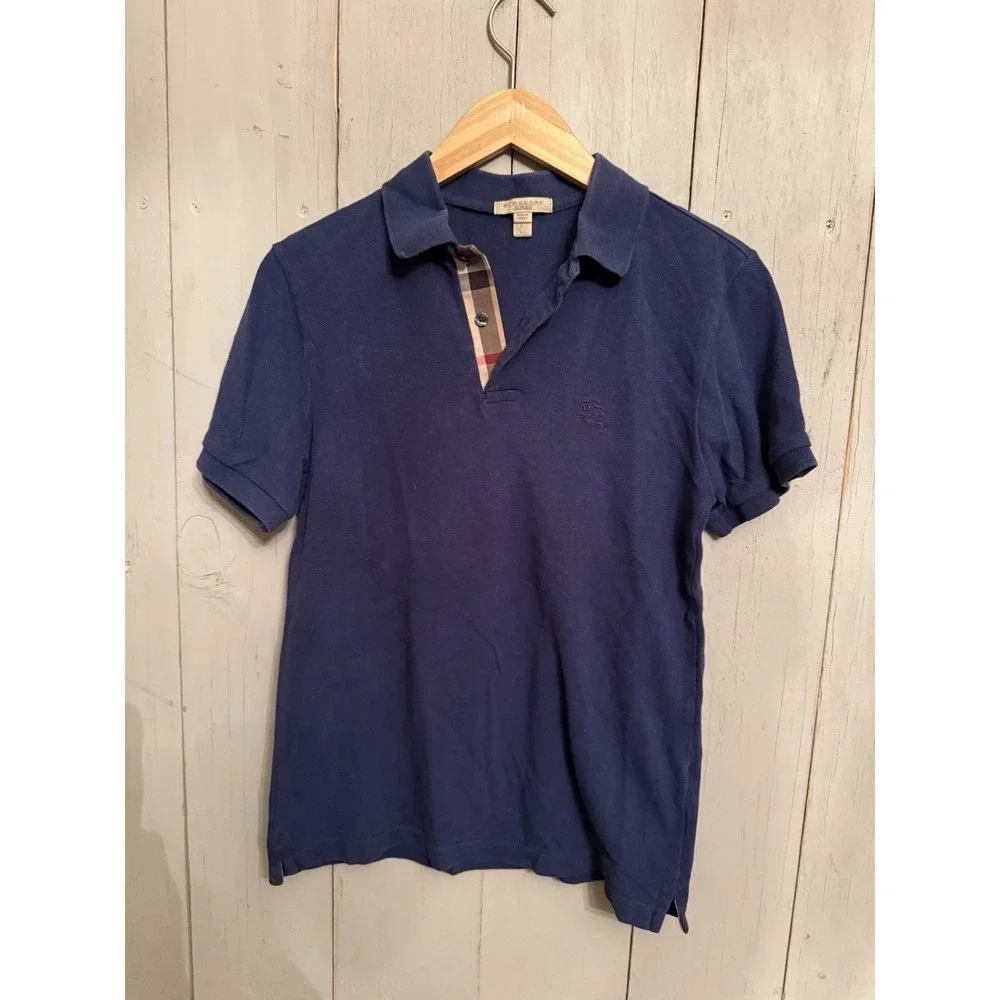 BURBERRY BRIT Short Sleeve COTTON Knit Polo Shirt Sz-S Men's Navy Blue‎ LOGO